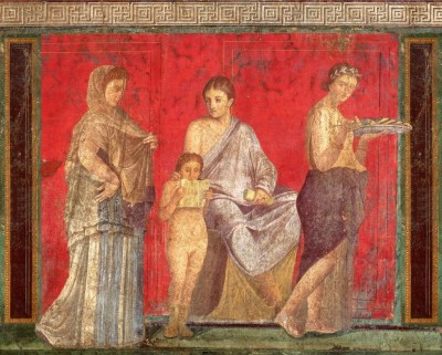 Frescoe in the Villa of the Mysteries, Pompeii, Italy. Buried by the eruption of Mt. Vesuvius, C.E. 79.
