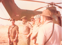 UN peacekeepers (including Canadian in blue beret) escorted by South African general on reconnaissance to Namibia, then controlled by apartheid South Africa, (August 1978)