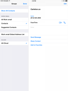 iPad screenshot: Contacts setup if using both Exchange & iCloud for Contacts