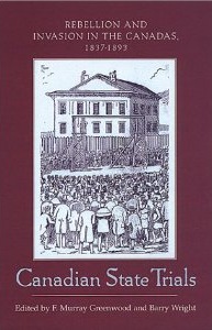 Book cover image_illustration of court house with large crowd, surrounded by maroon border